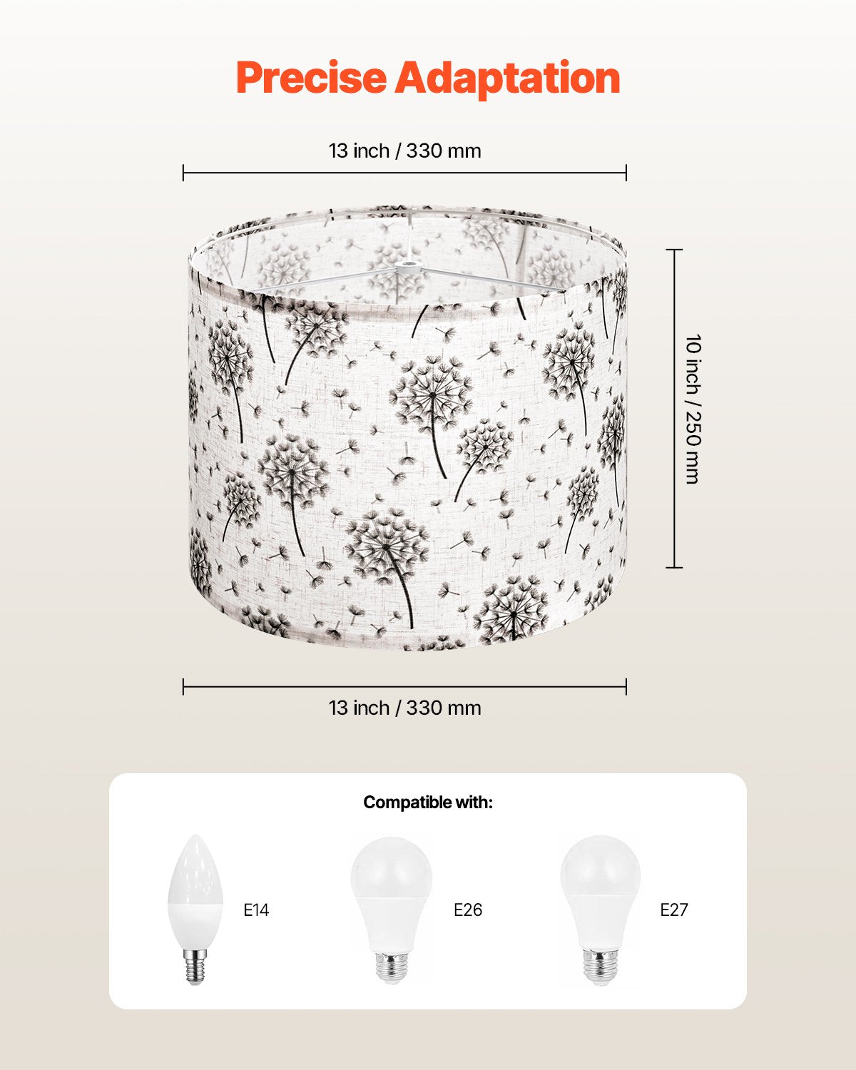 Trumlampskärmar, 2-set, 33 cm topp x 33 cm botten x 25 cm hög, mellanstor trumlampskärm i linne, reservskärm för bordslampor och golvlampor, enkel montering krävs (ljust maskrosmönster)