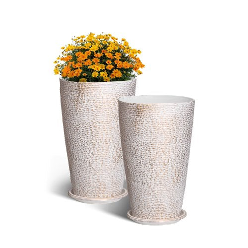 Set med 2 höga utomhusplanterare, 56 cm höga, runda stora planterare för veranda och uteplats, stenfinish för blomträd