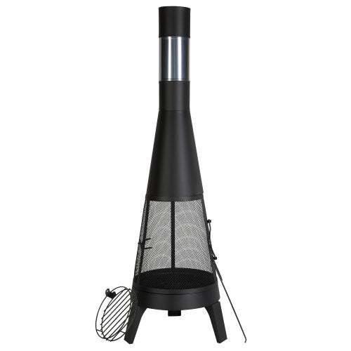 Chiminea, 20 tums vedeldad eldstad för utomhusbruk, konisk öppen spis för grillning och uppvärmning, eldstad i trä med grillnät, skorstensbeläggning och rostfritt skorstenslock, för uteplats, trädgård, bakgård