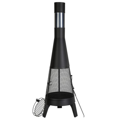 Chiminea, 20 tums vedeldad eldstad för utomhusbruk, konisk öppen spis för grillning och uppvärmning, eldstad i trä med grillnät, skorstensbeläggning och rostfritt skorstenslock, för uteplats, trädgård, bakgård