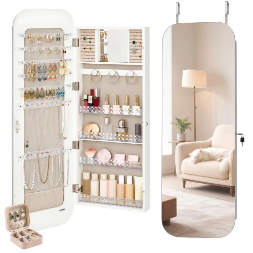 Mirror Jewelry Cabinet, 1080 mm Tall, Full-Length Mirror with Storage, Wall Mount/Over the Door Jewelry Armoire Organizer, Rounded Design, Lockable with 2 Keys and a Travel Organizer, White
