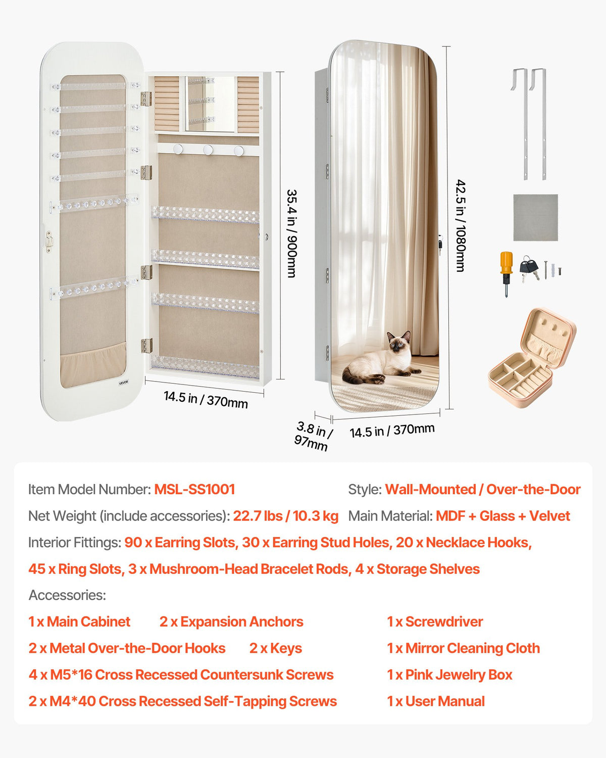 Spegelskåp för smycken, 1080 mm hög, helfigursspegel med förvaring, väggmonterad/över dörren smyckesskåp, rundad design, låsbar med 2 nycklar och en reseskåp, vit