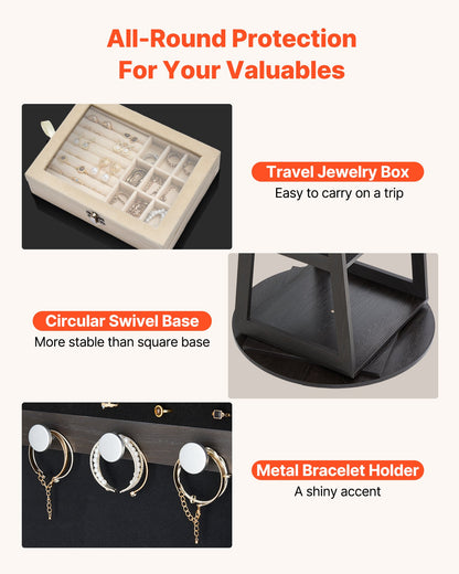 360° Swivel Jewelry Cabinet, 1600 mm Tall, Full-Length Mirror with Storage, Standing Rotatable Jewelry Armoire Organizer, Lockable Door with 2 Keys, Accessory Pouches, and Storage Shelves