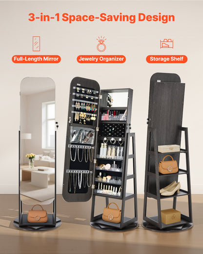 360° Swivel Jewelry Cabinet, 1600 mm Tall, Full-Length Mirror with Storage, Standing Rotatable Jewelry Armoire Organizer, Lockable Door with 2 Keys, Accessory Pouches, and Storage Shelves