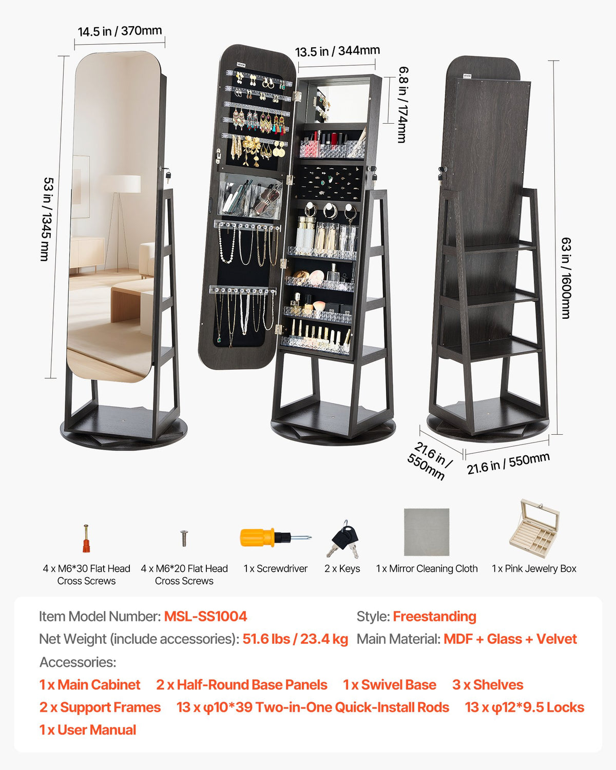 360° Swivel Jewelry Cabinet, 1600 mm Tall, Full-Length Mirror with Storage, Standing Rotatable Jewelry Armoire Organizer, Lockable Door with 2 Keys, Accessory Pouches, and Storage Shelves