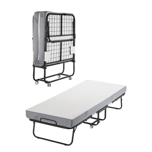 Hopfällbar säng, hopfällbar säng (89 x 193 cm) med 13 cm madrass, hopfällbar säng i storlek Twin med robust metallram och memory foam-madrass, bärbar hopfällbar säng med madrass, för vuxna, gäst