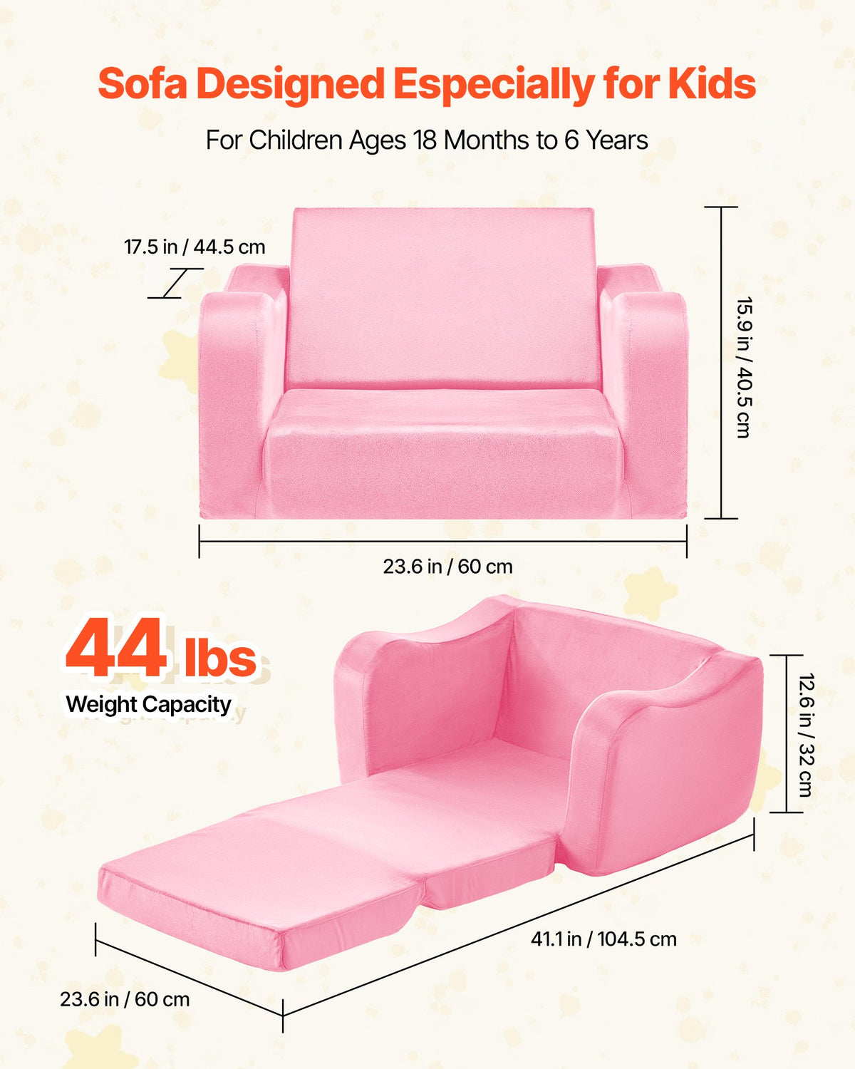 2-in-1 Kids Sofa, Foldable Toddler Soft Couch with Armrests, Made of 28D Sponge & Short Pile, Convertible Toddler Chair to Lounger, Kid Couch Fold Out for Fun Playtime or Comfy Lounging, M, Pink