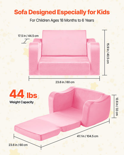 2-in-1 Kids Sofa, Foldable Toddler Soft Couch with Armrests, Made of 28D Sponge & Short Pile, Convertible Toddler Chair to Lounger, Kid Couch Fold Out for Fun Playtime or Comfy Lounging, M, Pink
