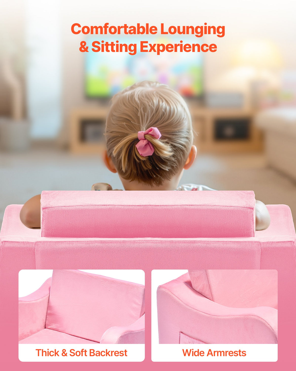 2-in-1 Kids Sofa, Foldable Toddler Soft Couch with Armrests, Made of 28D Sponge & Short Pile, Convertible Toddler Chair to Lounger, Kid Couch Fold Out for Fun Playtime or Comfy Lounging, M, Pink