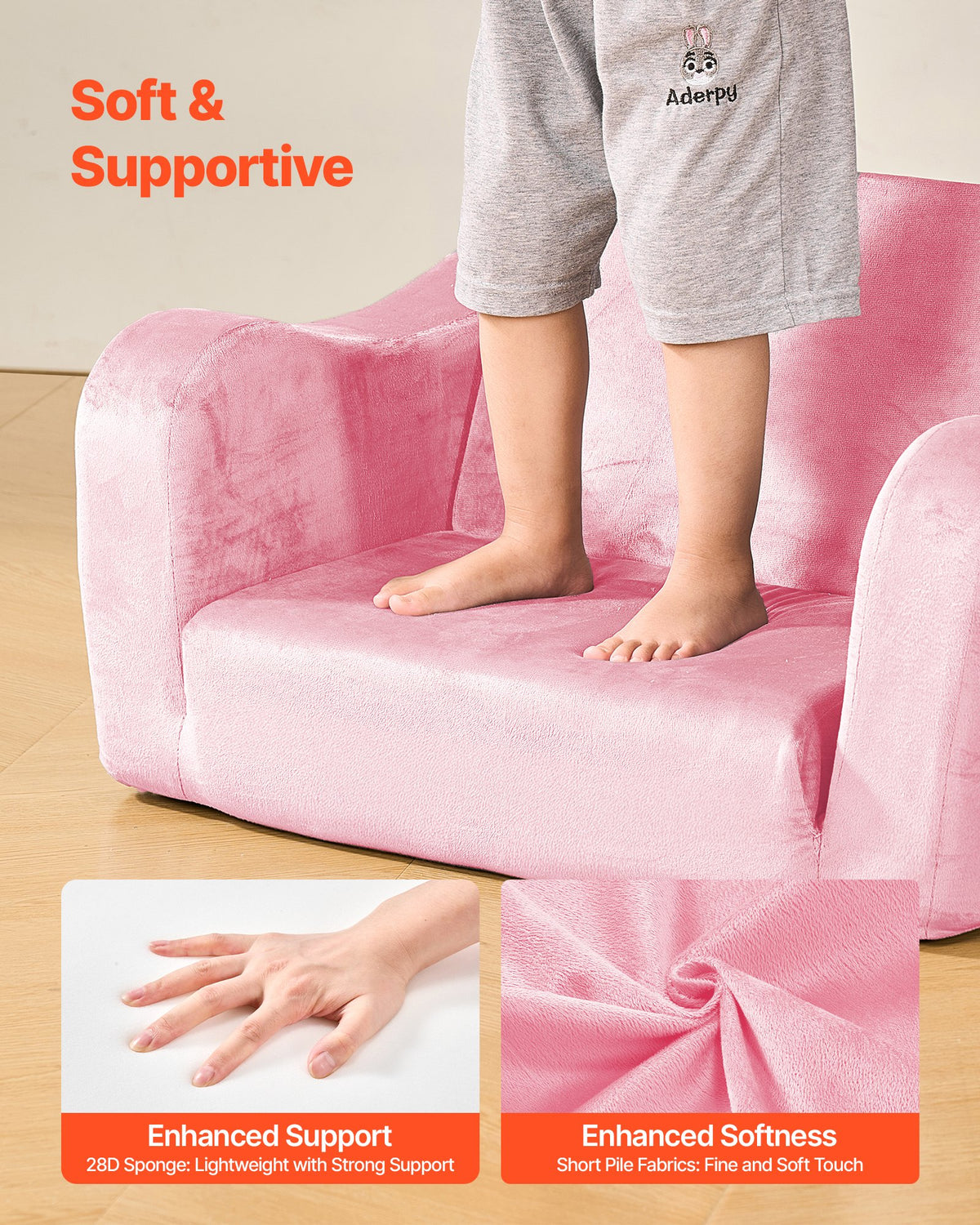 2-in-1 Kids Sofa, Foldable Toddler Soft Couch with Armrests, Made of 28D Sponge & Short Pile, Convertible Toddler Chair to Lounger, Kid Couch Fold Out for Fun Playtime or Comfy Lounging, M, Pink