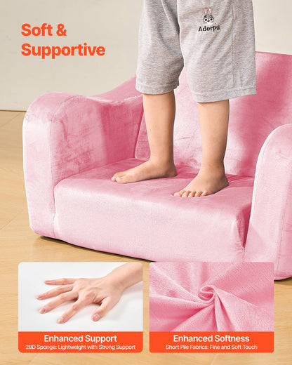 2-in-1 Kids Sofa, Foldable Toddler Soft Couch with Armrests, Made of 28D Sponge & Short Pile, Convertible Toddler Chair to Lounger, Kid Couch Fold Out for Fun Playtime or Comfy Lounging, M, Pink