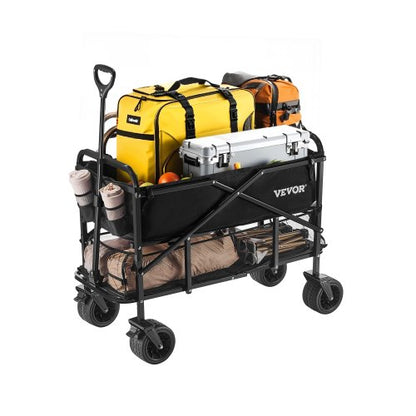 Double Decker Wagon Collapsible, 400L Heavy Duty Folding Wagon Cart, Extended Long Garden Cart with All-Terrain Wheels, Support Up to 450lbs, Outdoor Utility Wagon for Camping, Sports, Shopping