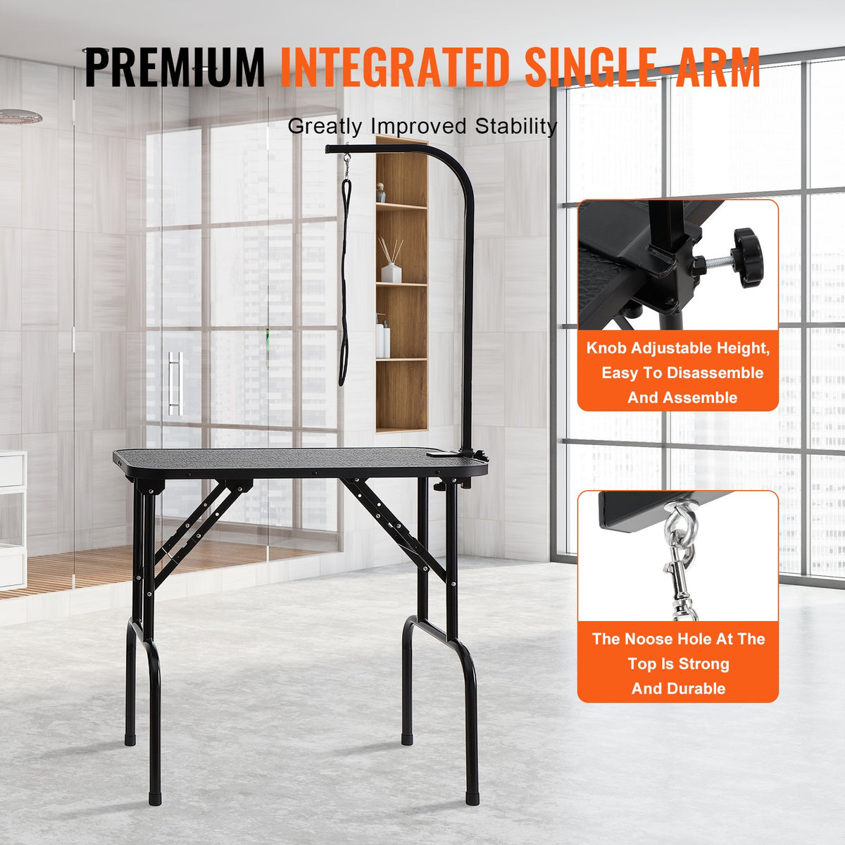 Arm för husdjurstrimningsbord med klämma, 808 x 460 mm hundtrimningsstation, hopfällbart trimningsställ för medelstora och små hundar, fritt sittande baksäte med trimögla, bärförmåga 99,8 kg