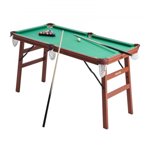 Folding Pool Table, 140cm Portable Billiards Tables, Foldable Space-Saving Entertainment Game Set Includes Ball, Cue, Rack, Chalk, Brush, Brown with Bule Cloth, for Family Use, Recreation Room