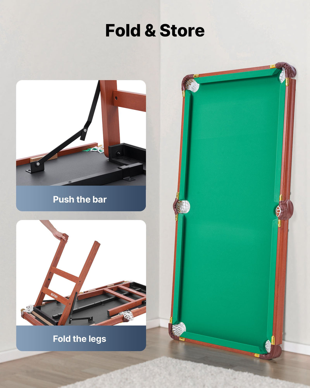 Folding Pool Table, 140cm Portable Billiards Tables, Foldable Space-Saving Entertainment Game Set Includes Ball, Cue, Rack, Chalk, Brush, Brown with Bule Cloth, for Family Use, Recreation Room