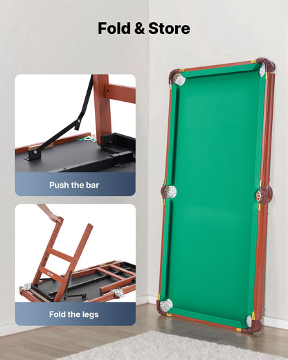 Folding Pool Table, 140cm Portable Billiards Tables, Foldable Space-Saving Entertainment Game Set Includes Ball, Cue, Rack, Chalk, Brush, Brown with Bule Cloth, for Family Use, Recreation Room