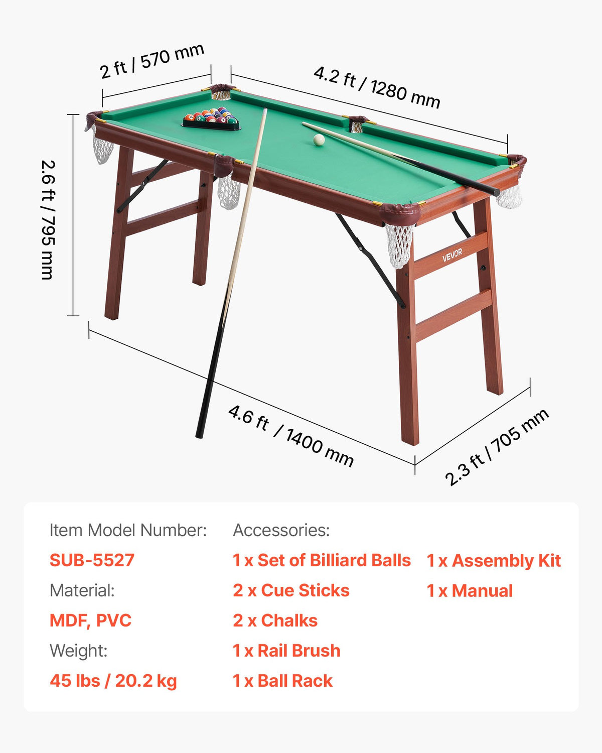 Folding Pool Table, 140cm Portable Billiards Tables, Foldable Space-Saving Entertainment Game Set Includes Ball, Cue, Rack, Chalk, Brush, Brown with Bule Cloth, for Family Use, Recreation Room