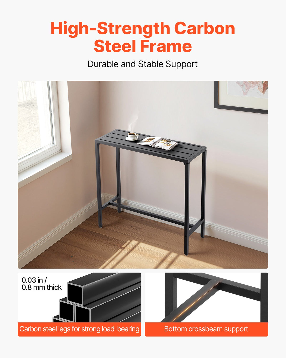 Barbord för utomhusbruk, 100 x 37,5 cm barbord för uteplats, vattentät bordsskiva och robust metallram, matbord i rektangulärt utförande, utemöbler för balkong, trädgård, bubbelpool, pool, inomhusbruk