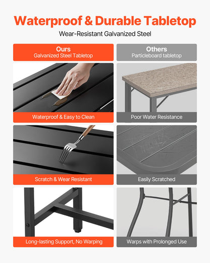 Outdoor Bar Table, 120 x 37.5 cm Patio Bar Table, Waterproof Top & Sturdy Metal Frame, Rectangle Counter Height Dining Tables, Outdoor Furniture for Balcony, Yard, Hot Tub, Poolside, Indoor