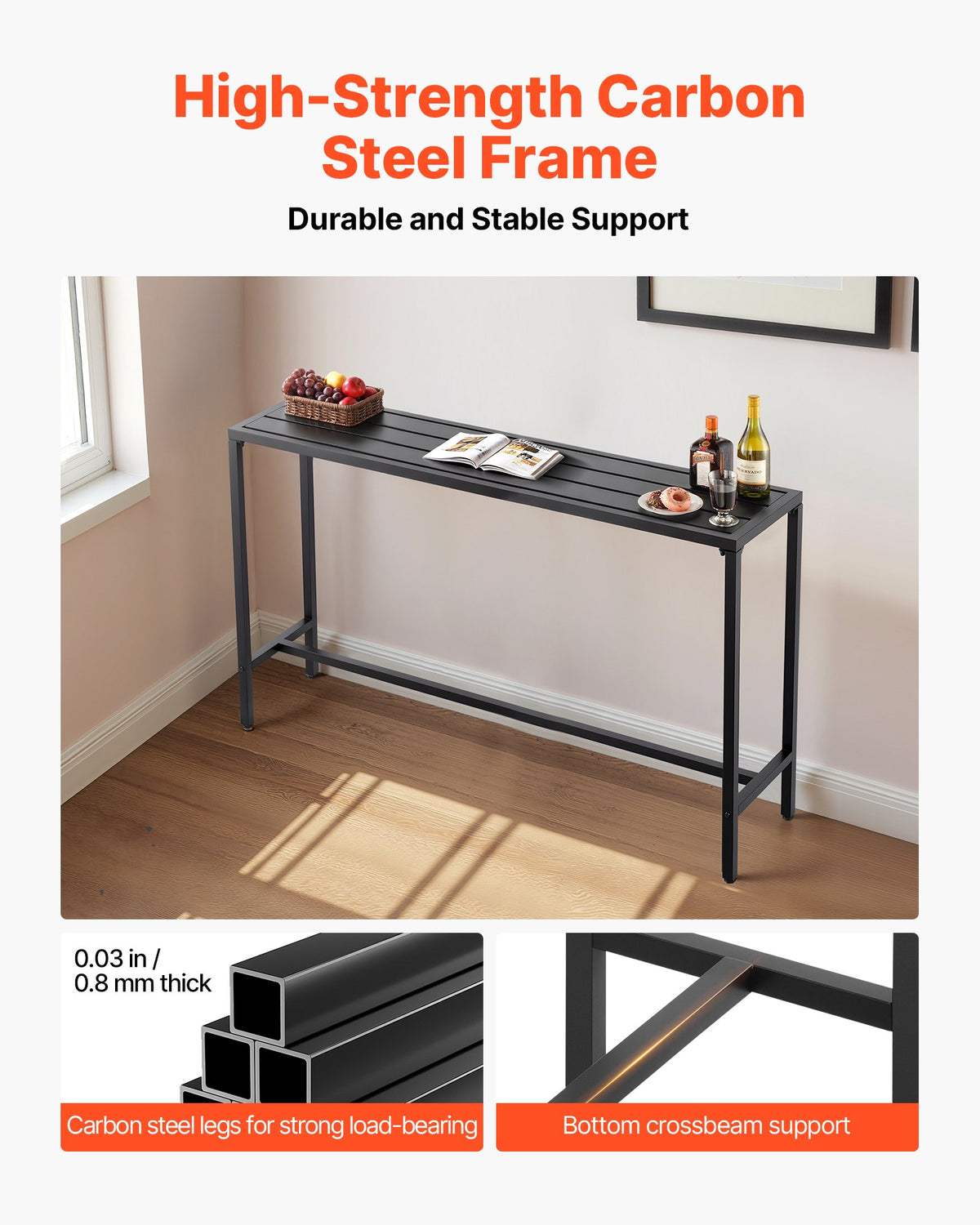 Barbord för utomhusbruk, 160 x 37,5 cm barbord för uteplats, vattentät bordsskiva och robust metallram, matbord i rektangulär bänkhöjd, utemöbler för balkong, trädgård, bubbelpool, pool, inomhusbruk