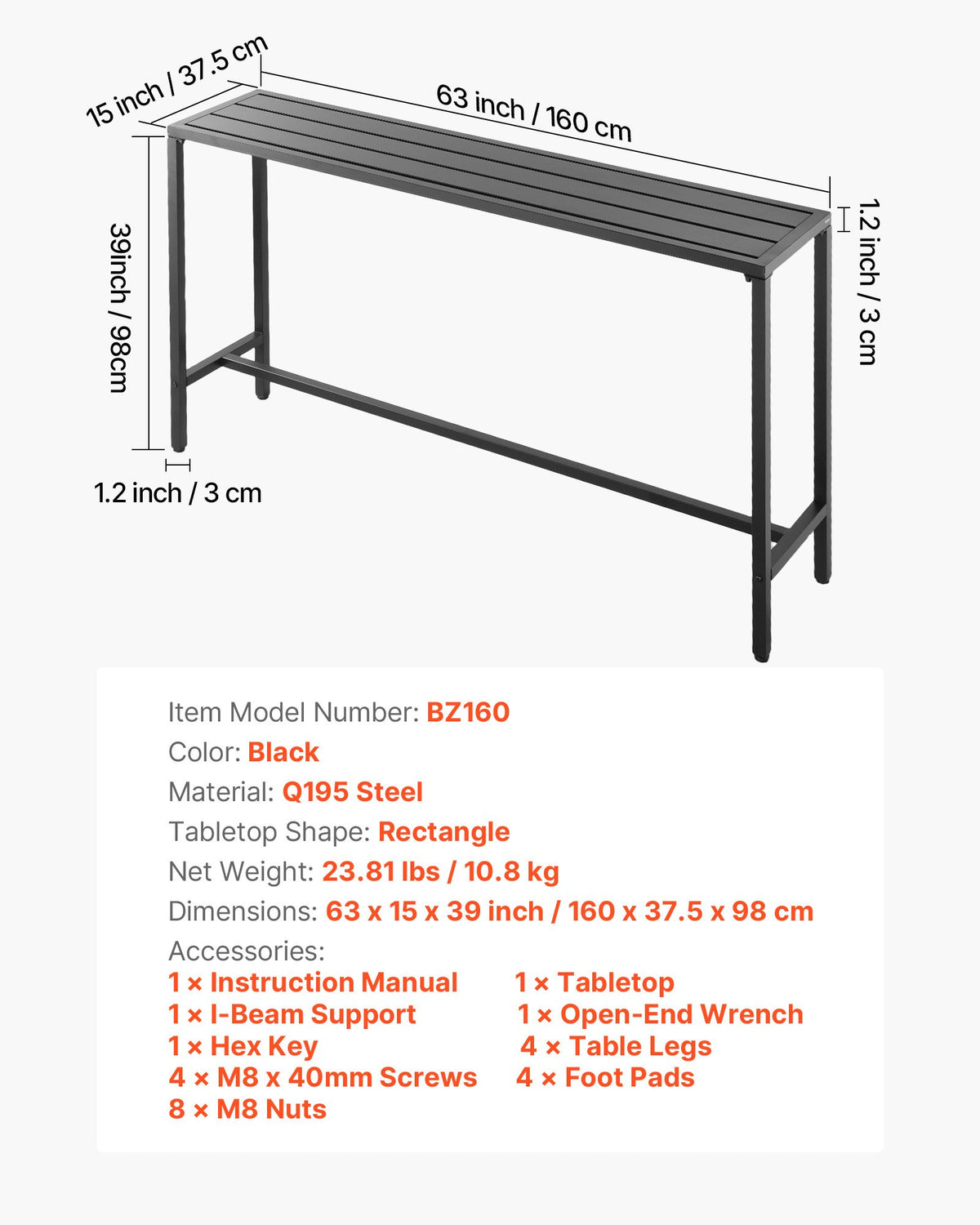 Barbord för utomhusbruk, 160 x 37,5 cm barbord för uteplats, vattentät bordsskiva och robust metallram, matbord i rektangulär bänkhöjd, utemöbler för balkong, trädgård, bubbelpool, pool, inomhusbruk