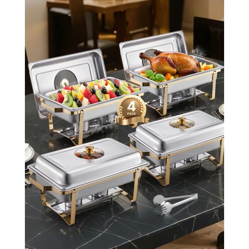 Varmfatbufféset, 8 liter, 4-pack, rostfritt stålvärmare med 4 fullstora pannor, rektangulär cateringvärmare med glaslock, vattenpanna, hopfällbart stativ, bränslehållare, för bröllopsfest, bankett