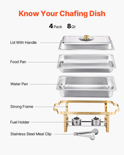 Varmfatbufféset, 8 liter, 4-pack, rostfritt stålvärmare med 4 fullstora pannor, rektangulär cateringvärmare med glaslock, vattenpanna, hopfällbart stativ, bränslehållare, för bröllopsfest, bankett