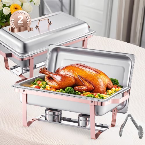 Varmfatbufféset, 8 liter, 2-pack, rostfritt stålvärmare med 2 fullstora stekpannor, rektangulär cateringvärmare med lock, vattenpanna, bränslehållare, för bröllopsfest, bankett, roséguld