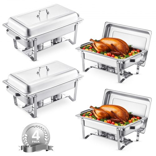 Varmdiskbufféset, 8 liter, 4-pack, rostfritt stålvärmare med 4 fullstora stekpannor, rektangulär cateringvärmare med lock, vattenkastrullställ, bränslehållare, för bröllop, fester, banketter, silver