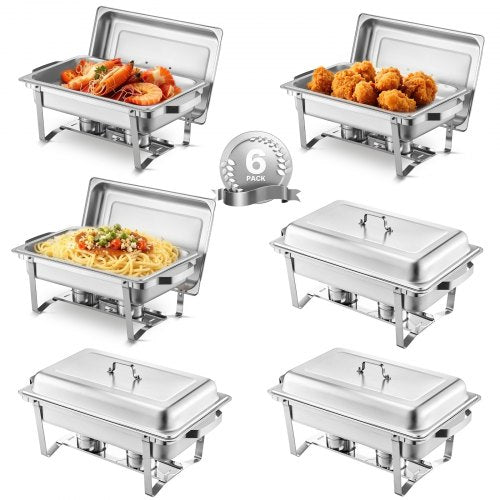 Varmdiskbufféset, 8 liter, 6-pack, rostfritt stålvärmare med 6 fullstora stekpannor, rektangulär cateringvärmare med lock, vattenkastrullställ, bränslehållare, för bröllop, fester, banketter, silver