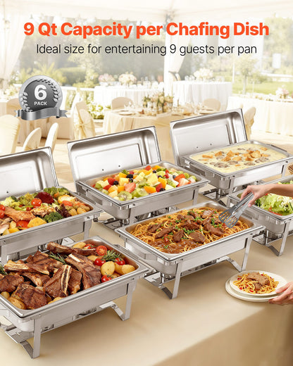 Rectangle Chafing Dish, 9.91L 6 Pack Stainless Steel Chafing Dish, Food Warmer Chafer Complete Set with Hollow Handle, 3 Food Tongs, Lid, Fuel Holder, Chafer Dishes for Banquet Party Wedding