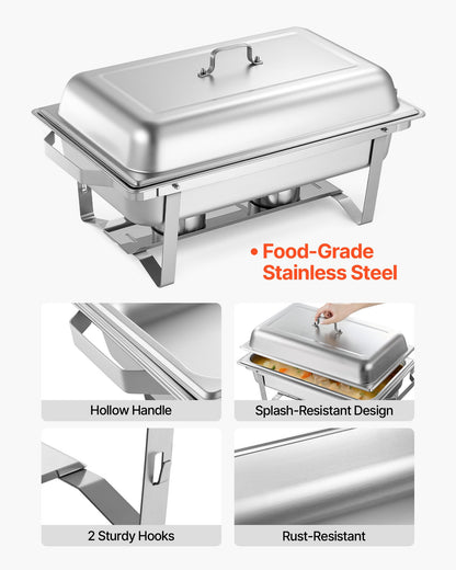 Rectangle Chafing Dish, 9.91L 6 Pack Stainless Steel Chafing Dish, Food Warmer Chafer Complete Set with Hollow Handle, 3 Food Tongs, Lid, Fuel Holder, Chafer Dishes for Banquet Party Wedding