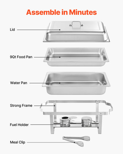 Rectangle Chafing Dish, 9.91L 6 Pack Stainless Steel Chafing Dish, Food Warmer Chafer Complete Set with Hollow Handle, 3 Food Tongs, Lid, Fuel Holder, Chafer Dishes for Banquet Party Wedding