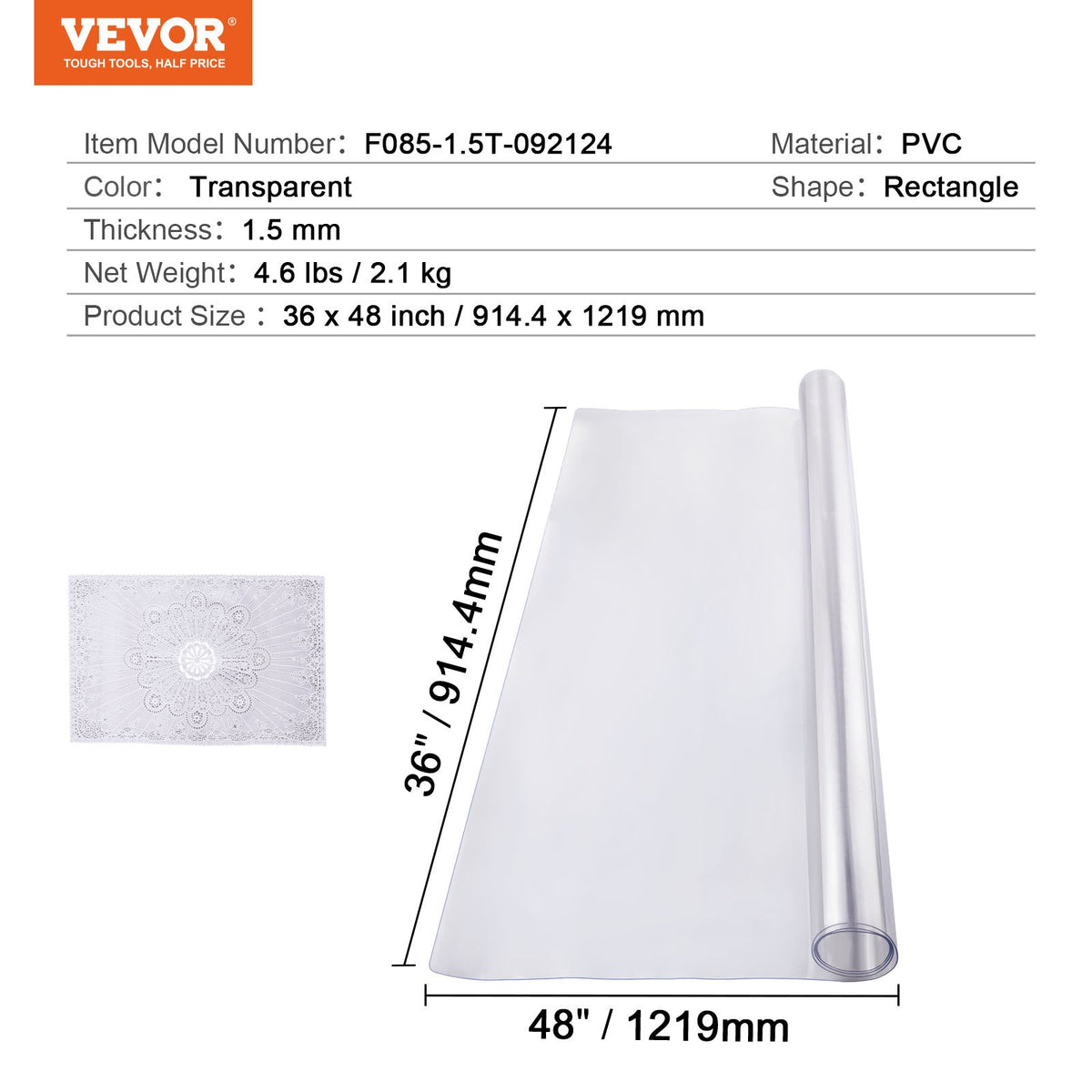 Plastbordsskydd, 36 x 48 tum 1,5 mm tjockt genomskinligt bordsskydd, rektangulär PVC-skrivbordsmatta, vattentät och lättrengörande skrivbordsunderlägg, för kontorsbyrå, matbord, nattduksbord