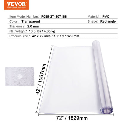 Plastbordsskydd, 42 x 72 tum 2,0 mm tjockt genomskinligt bordsskydd, rektangulär PVC-skrivbordsmatta, vattentät och lättrengörande skrivbordsunderlägg, för kontorsbyrå, matbord, nattduksbord
