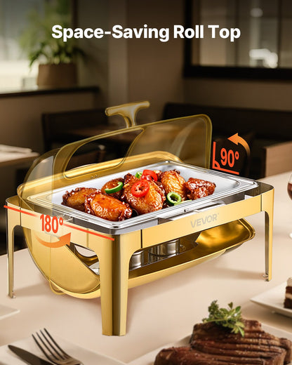 Komplett set med roll-top-värmare för buffé, 9 liter rostfritt stål med fullstor kastrull, rektangulär cateringvärmare med synligt lock, vattenpanna, hopfällbart stativ, bränslehållare, måltidsklämma, guldfärgad
