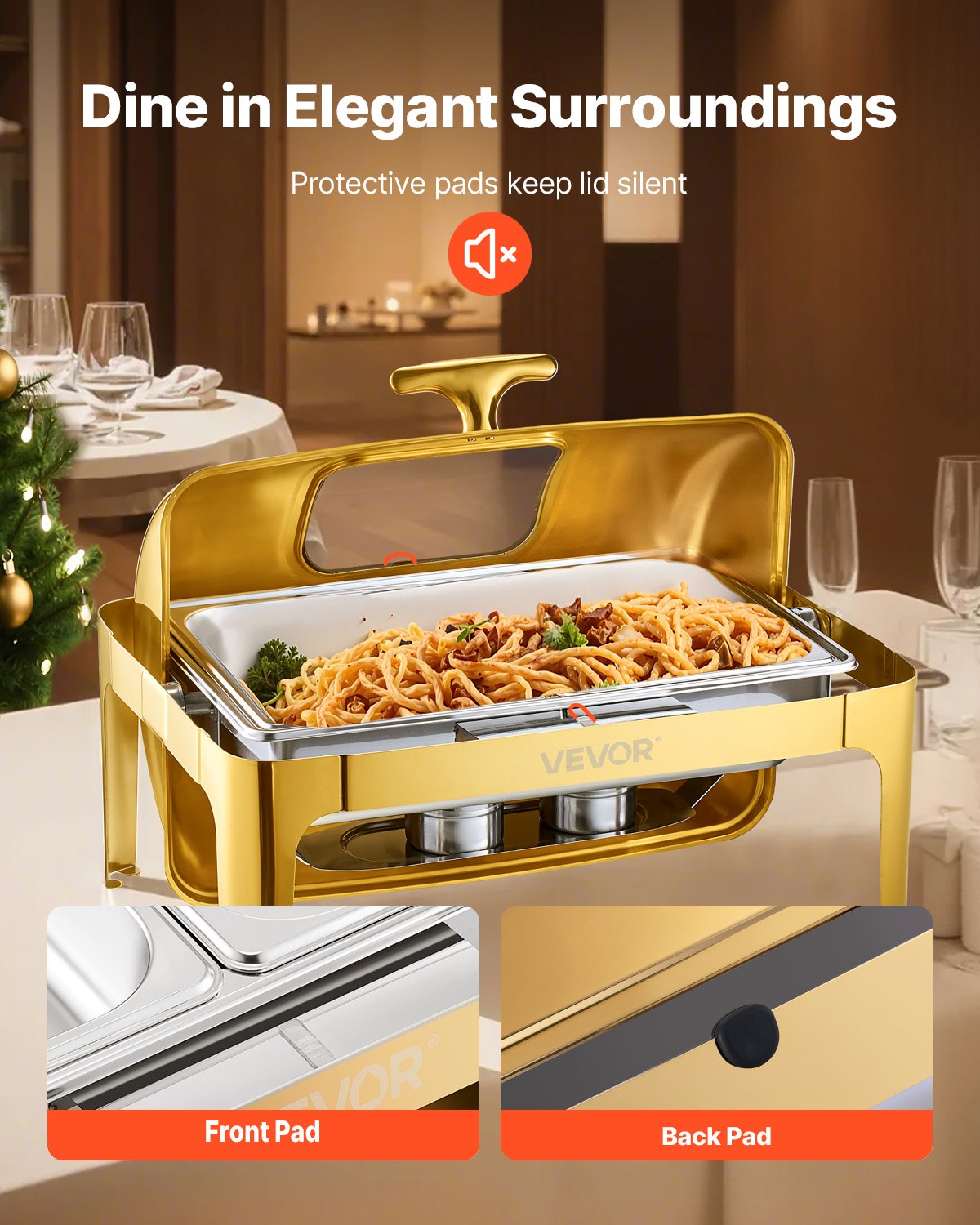 Komplett set med roll-top-värmare för buffé, 9 liter rostfritt stål med fullstor kastrull, rektangulär cateringvärmare med synligt lock, vattenpanna, hopfällbart stativ, bränslehållare, måltidsklämma, guldfärgad