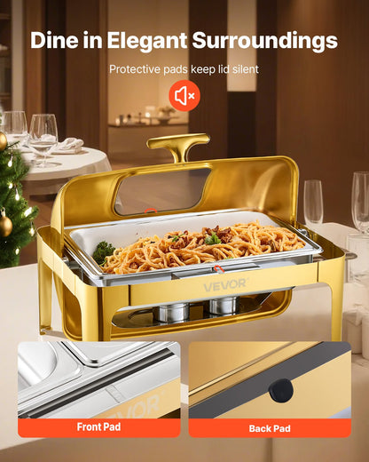 Komplett set med roll-top-värmare för buffé, 9 liter rostfritt stål med fullstor kastrull, rektangulär cateringvärmare med synligt lock, vattenpanna, hopfällbart stativ, bränslehållare, måltidsklämma, guldfärgad