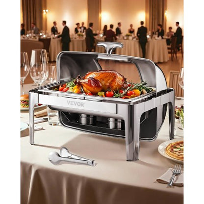Komplett set med roll top-värmare för buffé, 9 qt 1-pack rostfritt stålvärmare med 2 halvstora kastruller, rektangulär cateringvärmare med synligt lock, vattenpanna, hopfällbart stativ, bränslehållare, silver
