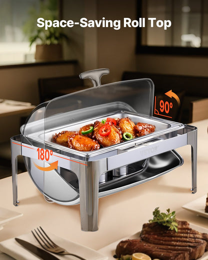 Komplett set med roll-top-värmare för buffé, 9 liter rostfritt stålvärmare med fullstor kastrull, rektangulär cateringvärmare med lock, vattenpanna, hopfällbart stativ, bränslehållare, måltidsklämma, silver