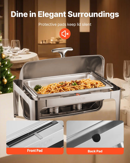 Komplett set med roll-top-värmare för buffé, 9 liter rostfritt stålvärmare med fullstor kastrull, rektangulär cateringvärmare med lock, vattenpanna, hopfällbart stativ, bränslehållare, måltidsklämma, silver