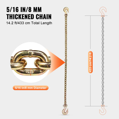 G80 transportkedja, 5/16" x 14,2' bogserkedja med gaffelkrokar, 4900 lbs säker arbetsbelastning, kraftig släpvagnskedja för transport av bindningsutrustning för dragbilar