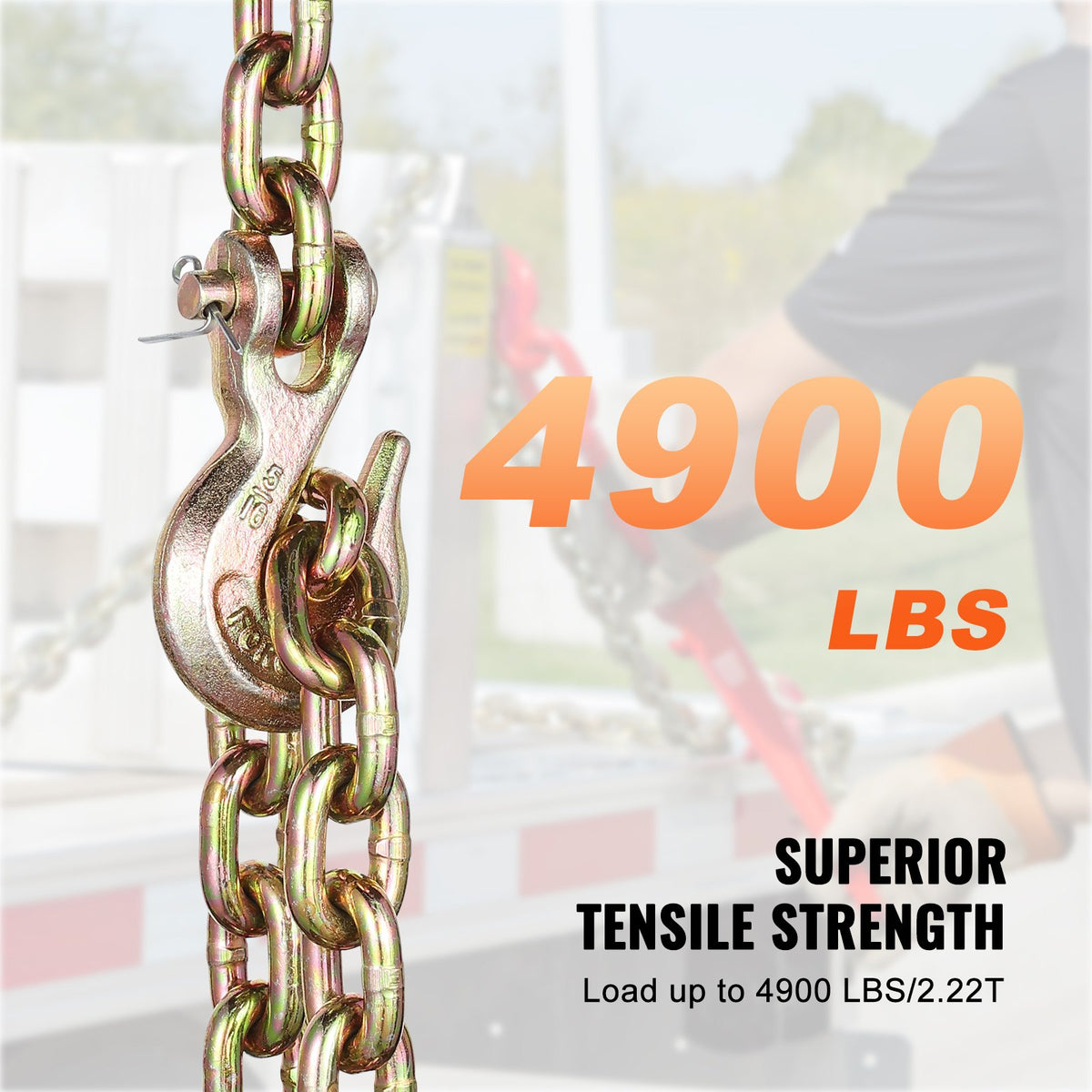 G80 transportkedja, 5/16" x 14,2' bogserkedja med gaffelkrokar, 4900 lbs säker arbetsbelastning, kraftig släpvagnskedja för transport av bindningsutrustning för dragbilar