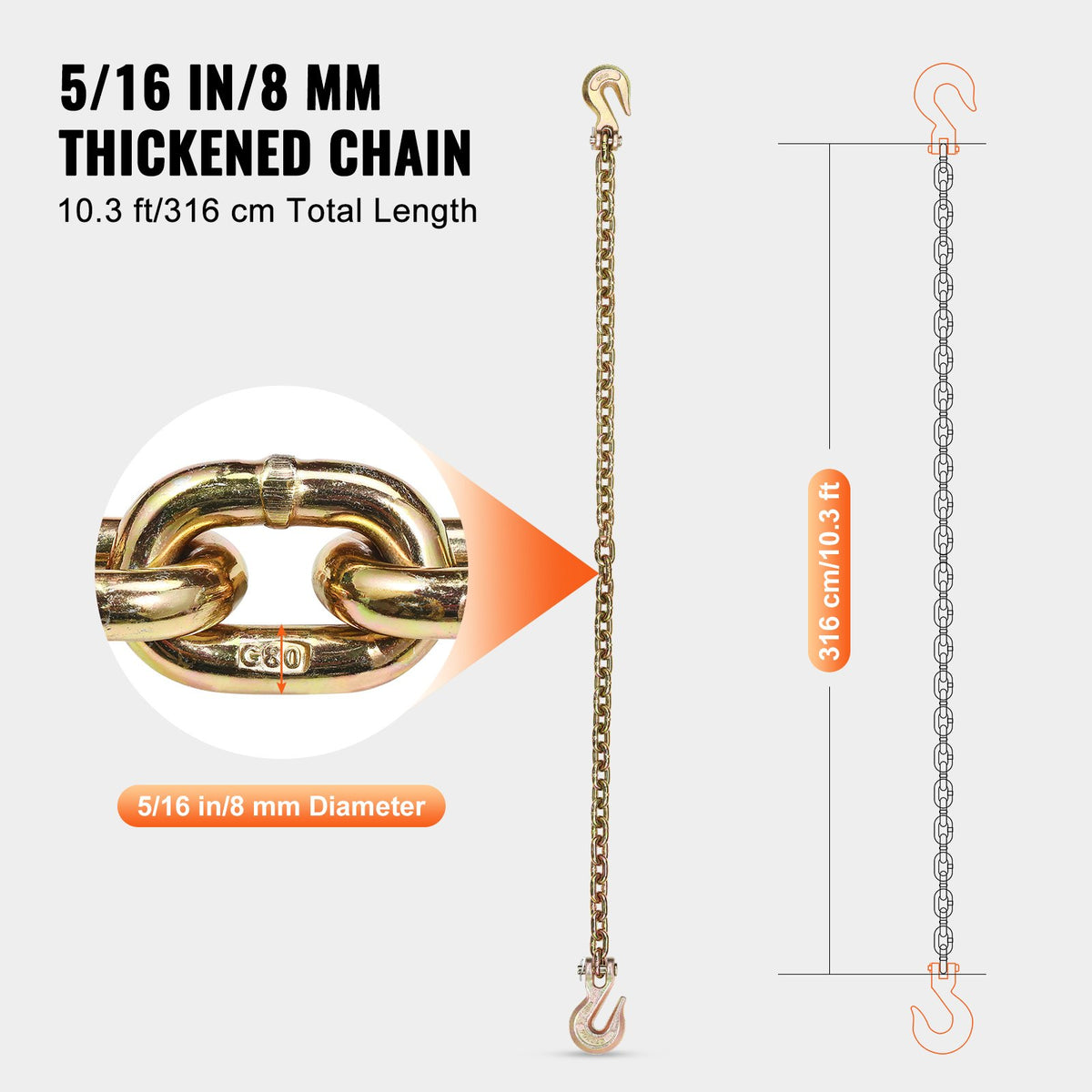 G80 transportkedja, 5/16" x 10,3' 2-pack bogserkedja med gaffelkrokar, 4900 lbs säker arbetsbelastning, kraftig skogsavverkningskedja för transport av bärgningsbilars fastspänningsutrustning