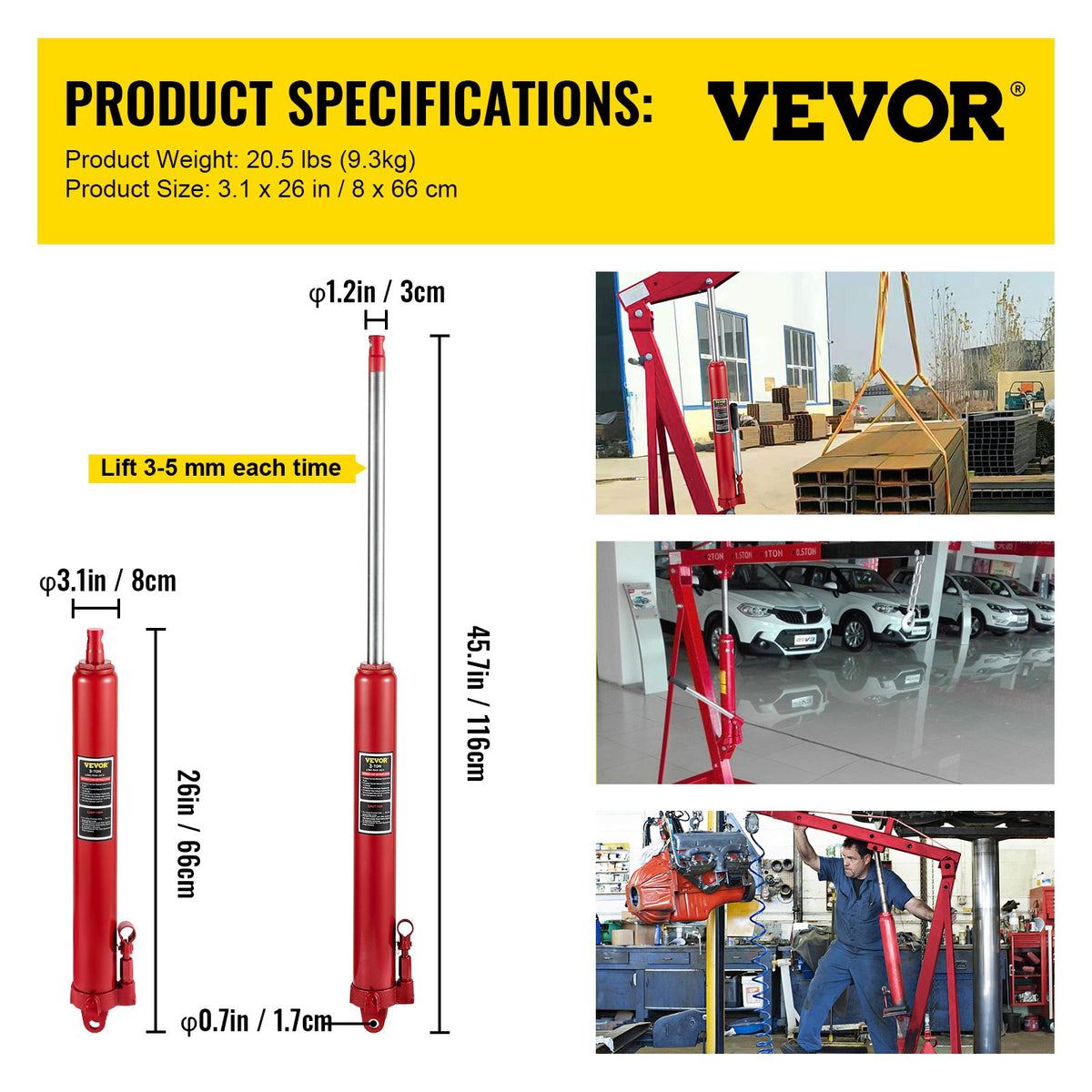 Hydraulisk domkraft med lång kolv, kapacitet 3 ton/6600 lbs, med enkelkolvspump och gaffelbas, manuell körsbärsplockare med handtag, för garage-/verkstadskranar, motorlyft, röd