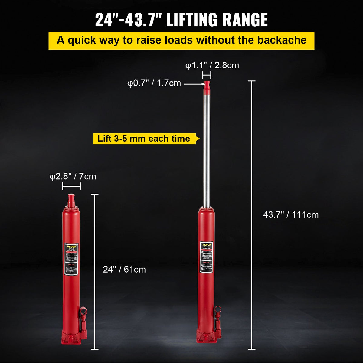 Hydraulic Long Ram Jack, 4 Tons/8818 lbs Capacity, with Single Piston Pump and Flat Base, Manual Cherry Picker with Handle, for Garage/Shop Cranes, Engine Lift Hoist, Red