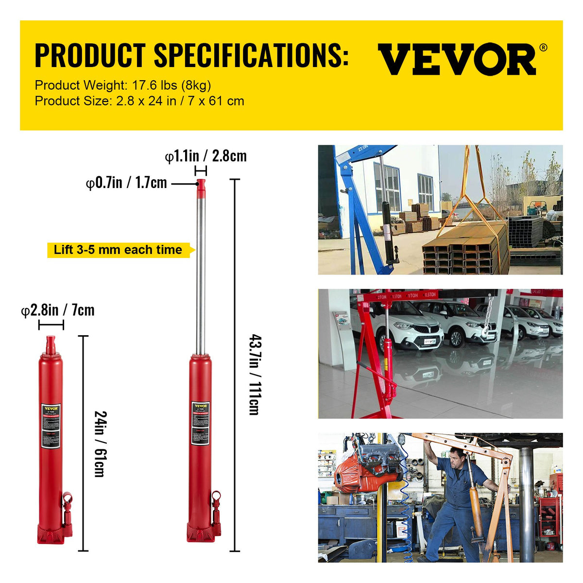 Hydraulic Long Ram Jack, 4 Tons/8818 lbs Capacity, with Single Piston Pump and Flat Base, Manual Cherry Picker with Handle, for Garage/Shop Cranes, Engine Lift Hoist, Red