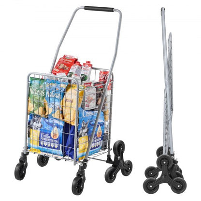 Livsmedelsvagn, 45L trappklättrande kundvagn med 360° rullande svänghjul, trappklättrande verktygsvagn med tre hjul, hopfällbar och lätt för tvättresor, silver