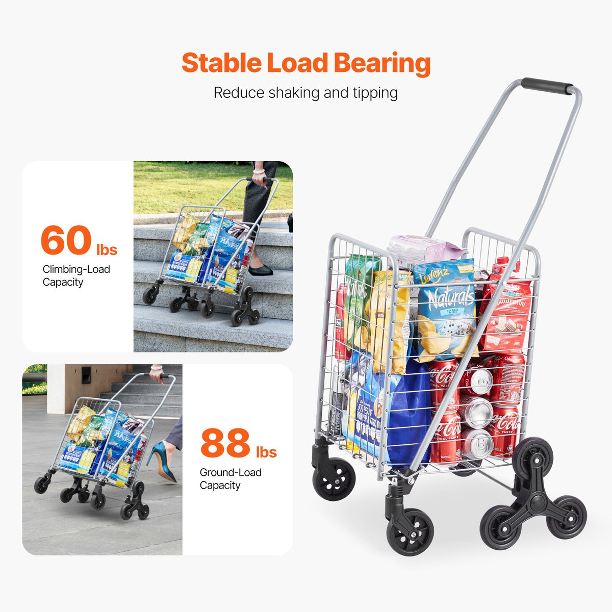 Livsmedelsvagn, 45L trappklättrande kundvagn med 360° rullande svänghjul, trappklättrande verktygsvagn med tre hjul, hopfällbar och lätt för tvättresor, silver