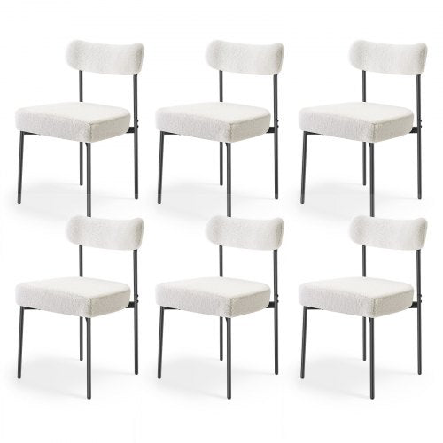 Boucle Dining Chairs Set of 6, Mid Century Modern Sherpa Accent Chairs, Upholstered Side Chair for Dining Table, Space-Saving White Kitchen Table Chair with Curved Backrest and Black Metal Legs